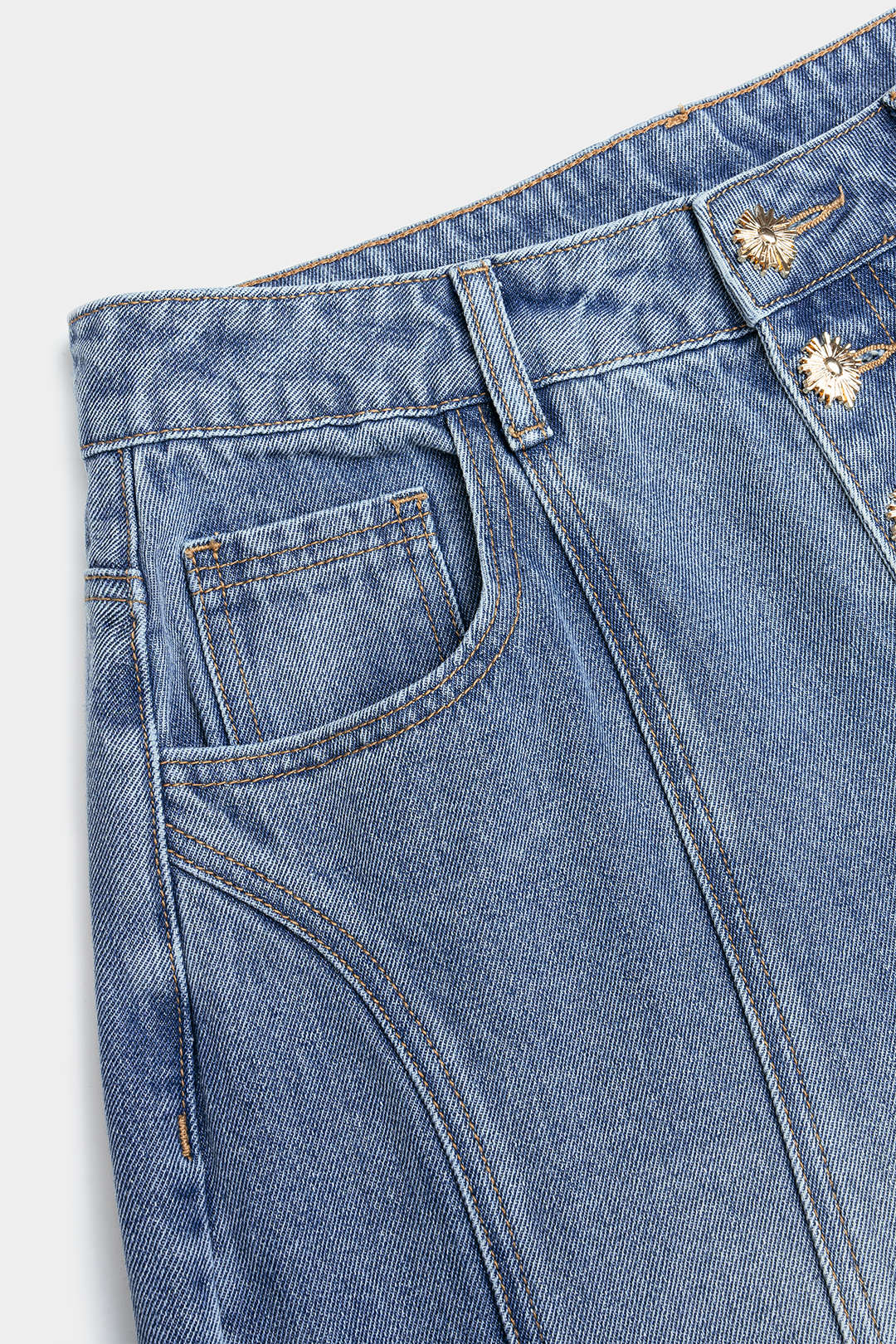Denim Metallic Button Stitching Detail Wide-Leg Jeans