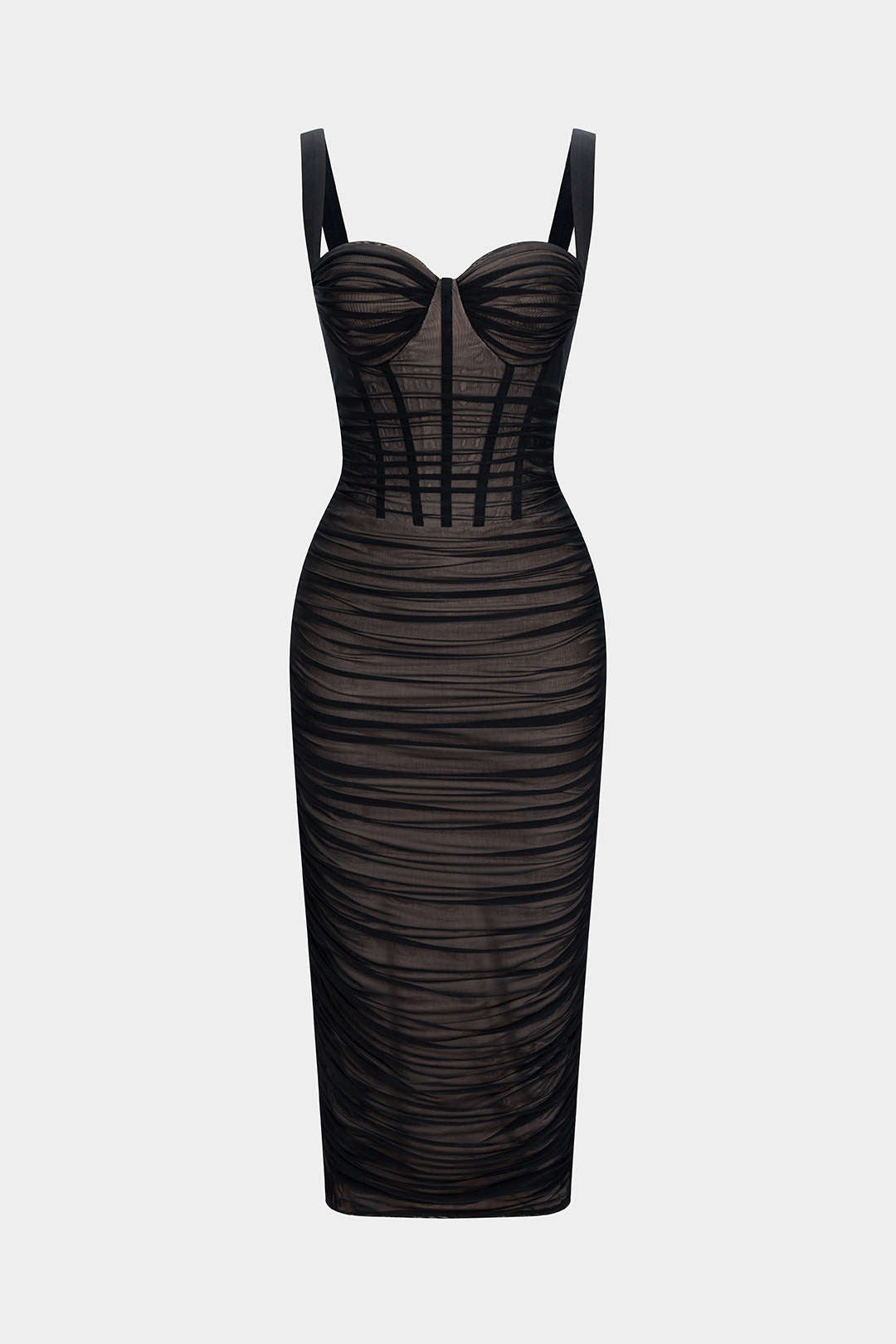 Sheer Mesh Ruched Bustier Slip Sleeveless Midi Dress