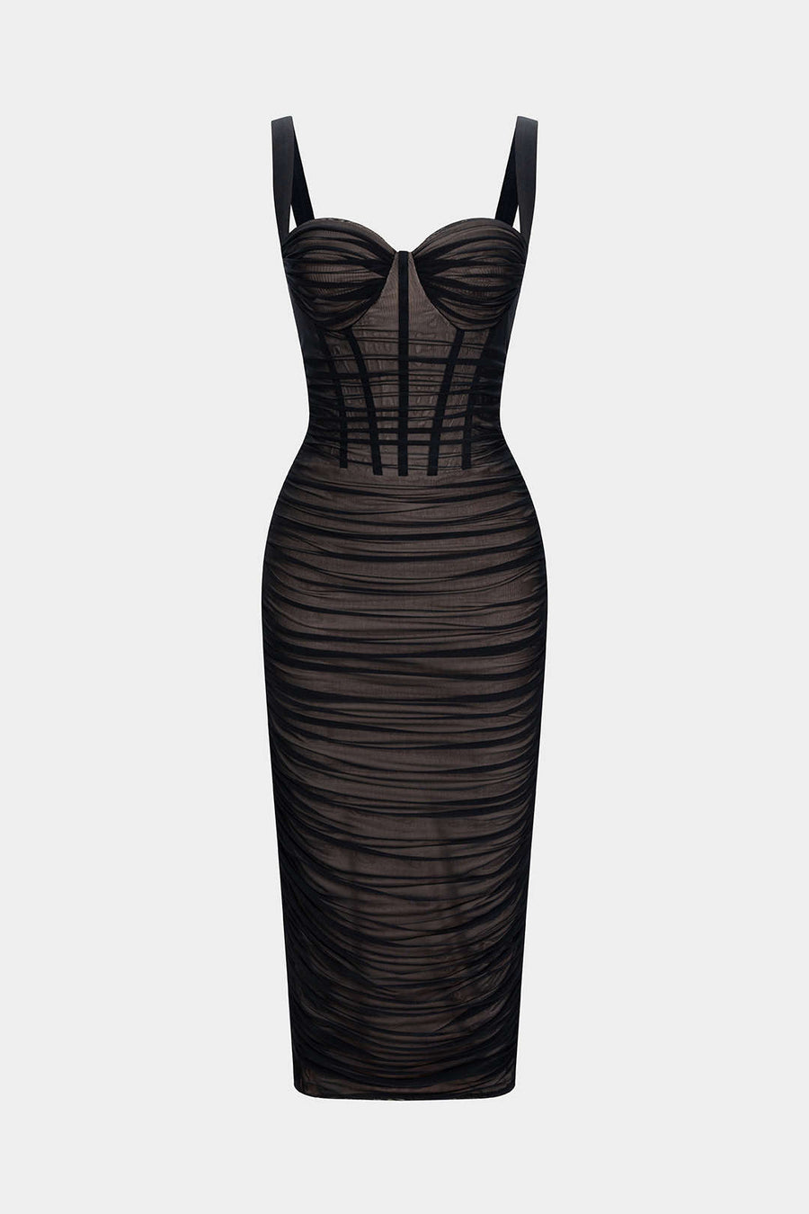 Sheer Mesh Ruched Bustier Slip Sleeveless Midi Dress