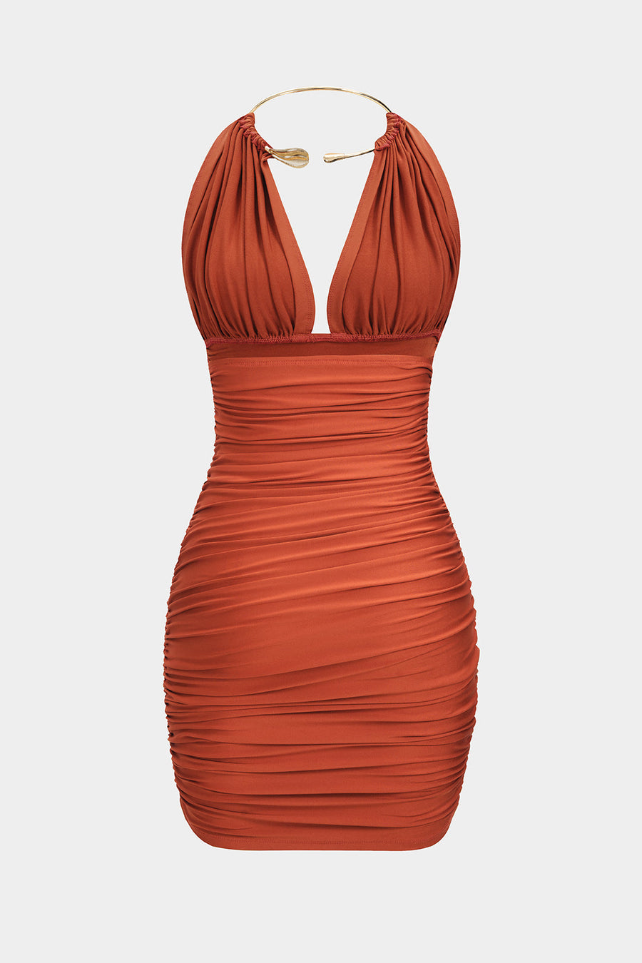 Metallic Halter Backless Ruched Sleeveless Mini Dress