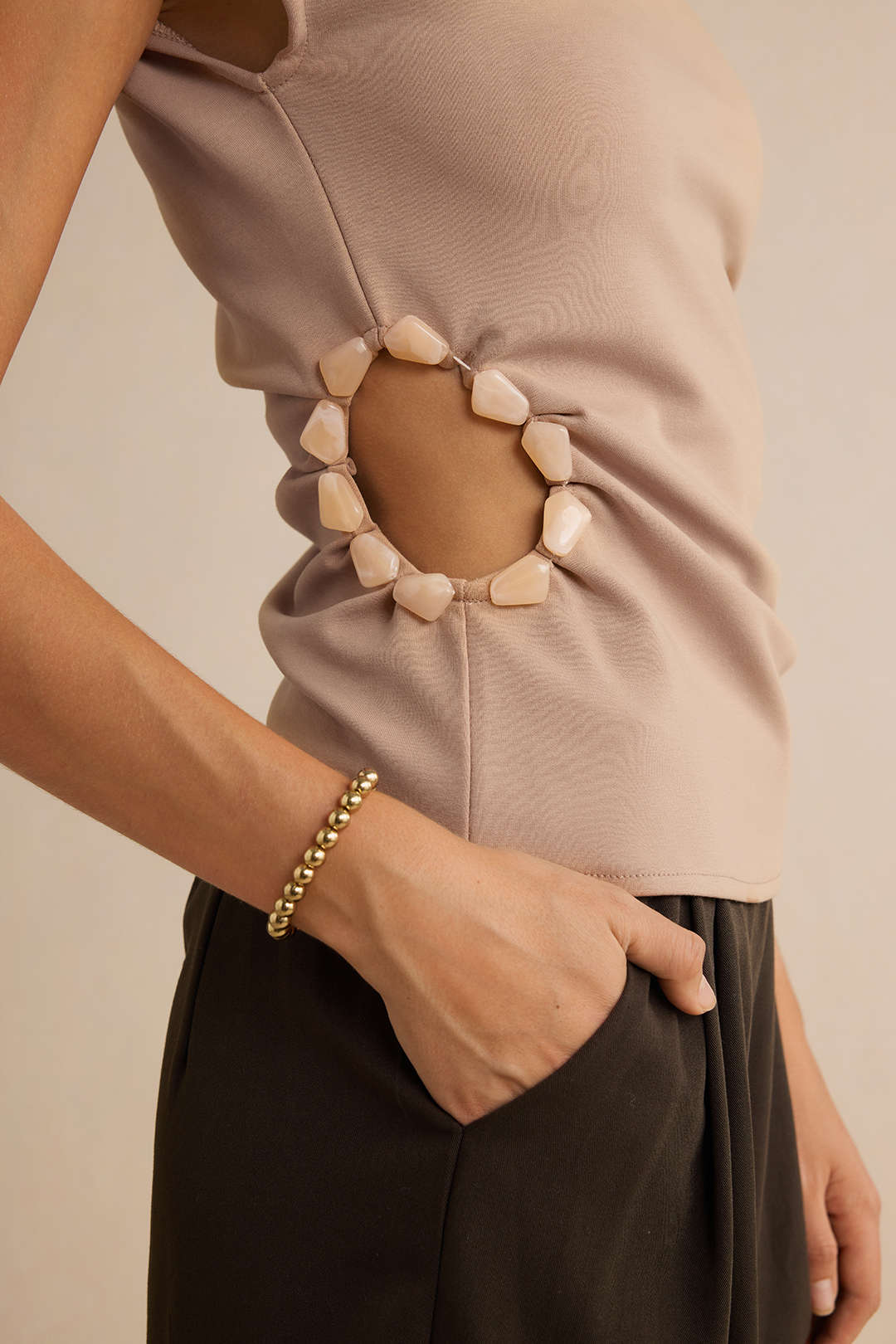 Round Neck Asymmetrical Beaded Cut Out T-Shirt