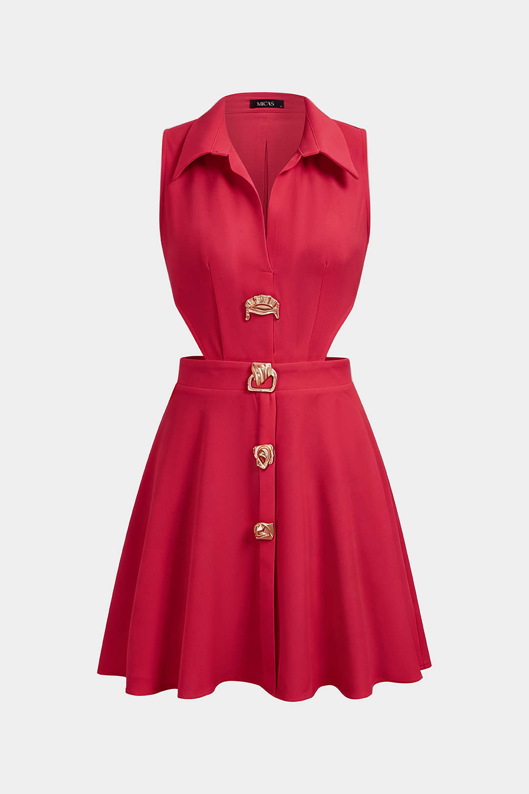 Lapel Metallic Irregular Button Cut Out Sleeveless Mini Dress