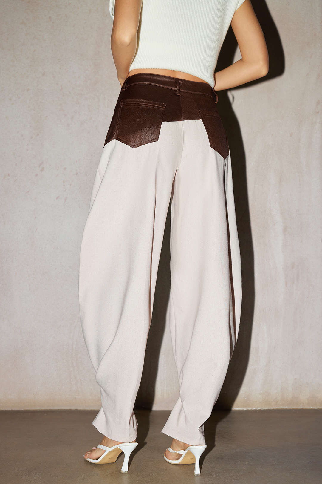 Faux Leather Ruched Patchwork Barrel Trousers