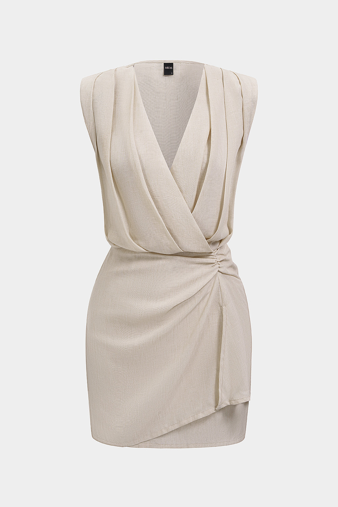 V-Neck Ruched Asymmetrical Sleeveless Mini Dress