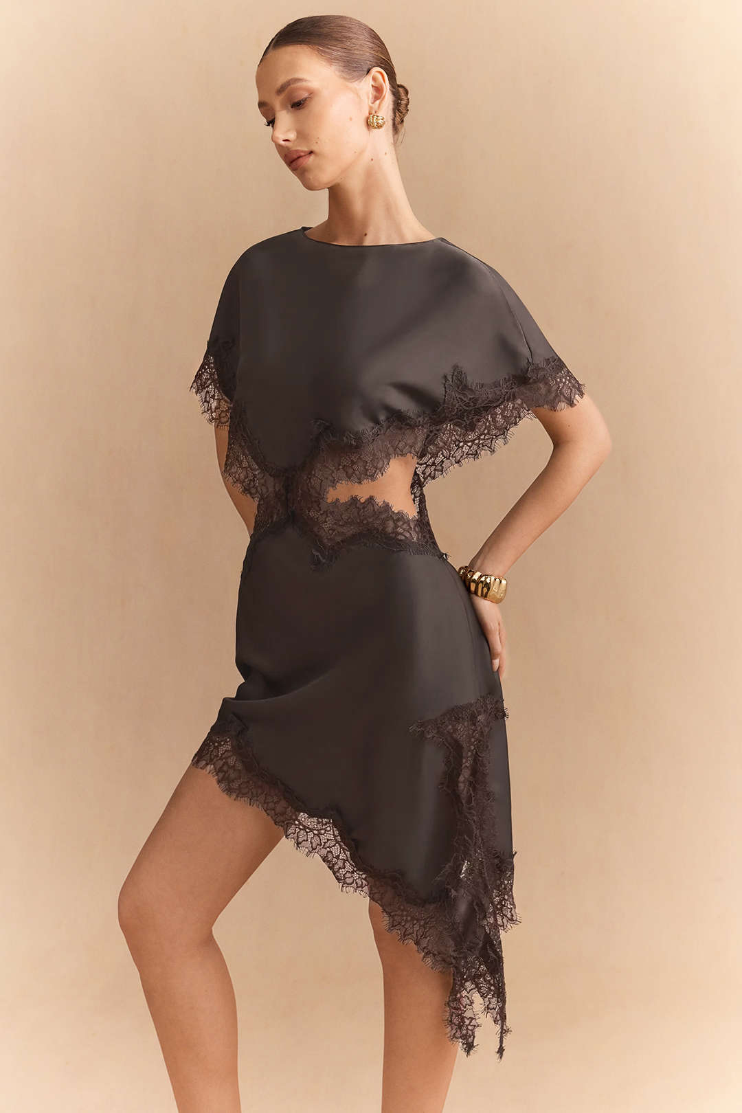 Satin Patchwork Lace Trim Cut Out Short Sleeve Midi Dress