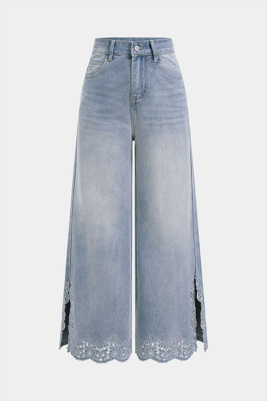 Denim Patchwork Cut Out Slit Straight Leg Jeans