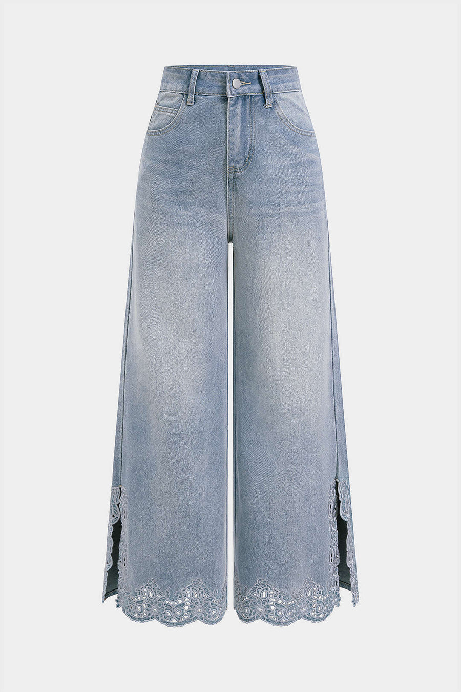 Denim Patchwork Cut Out Slit Straight Leg Jeans