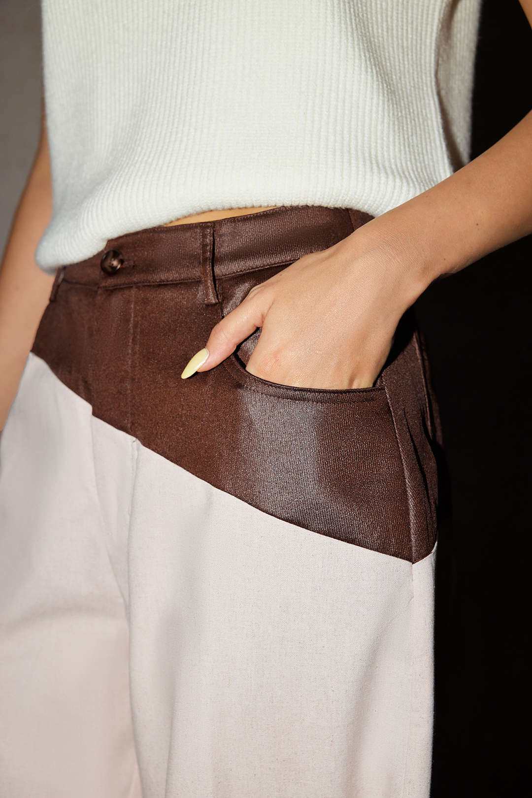 Faux Leather Ruched Patchwork Barrel Trousers