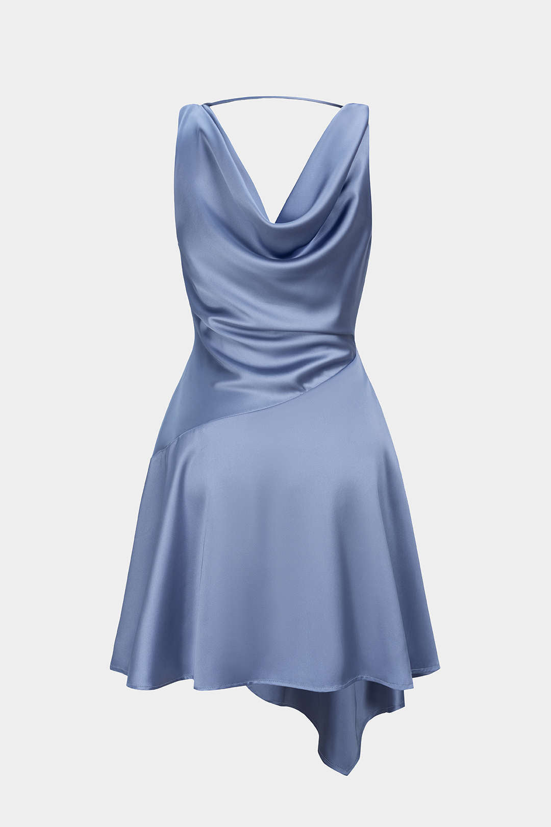 Satin Draped Cowl Neck Asymmetrical Ruched Sleeveless Mini Dress