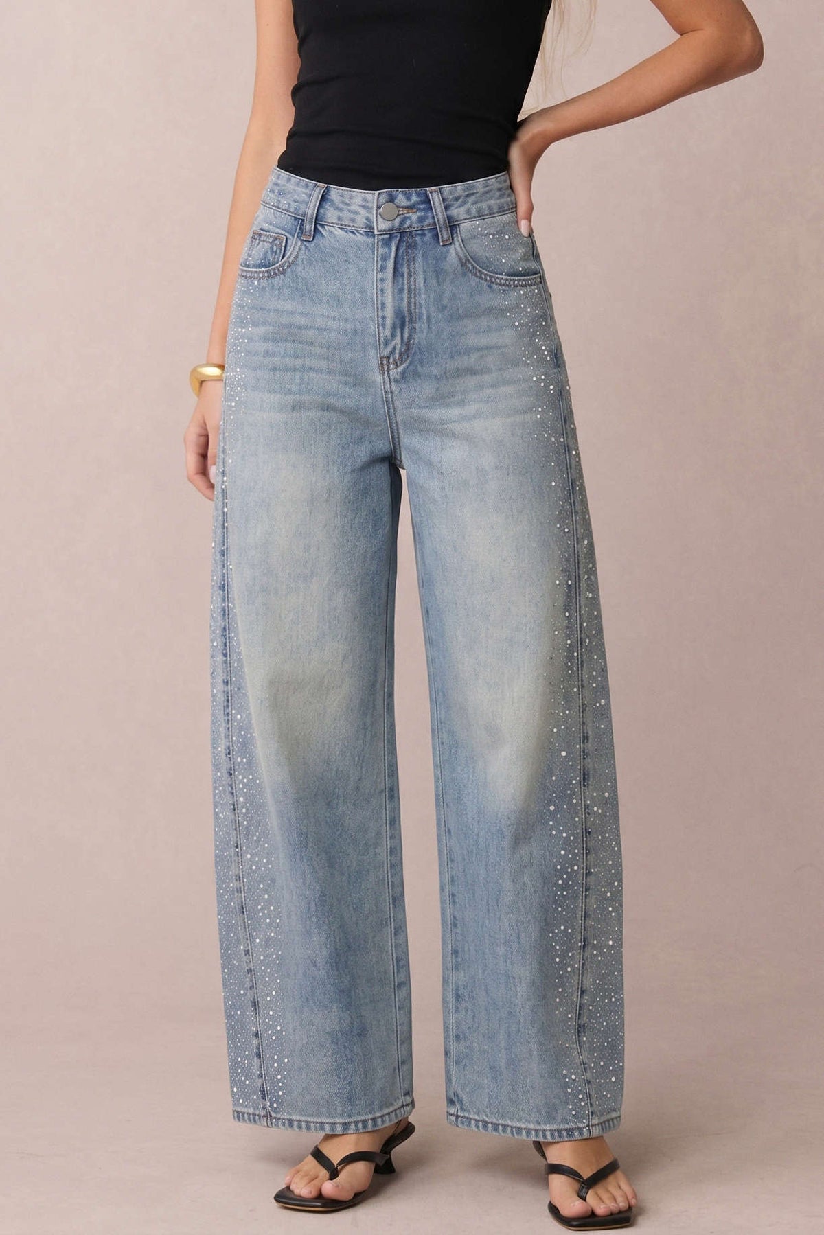 Denim Rhinestone High Waist Wide Leg Jeans