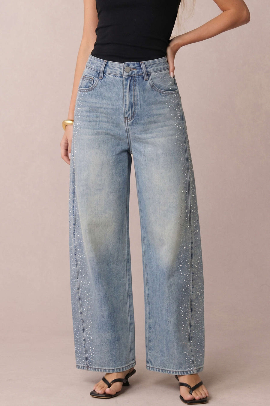 Denim Rhinestone High Waist Wide Leg Jeans