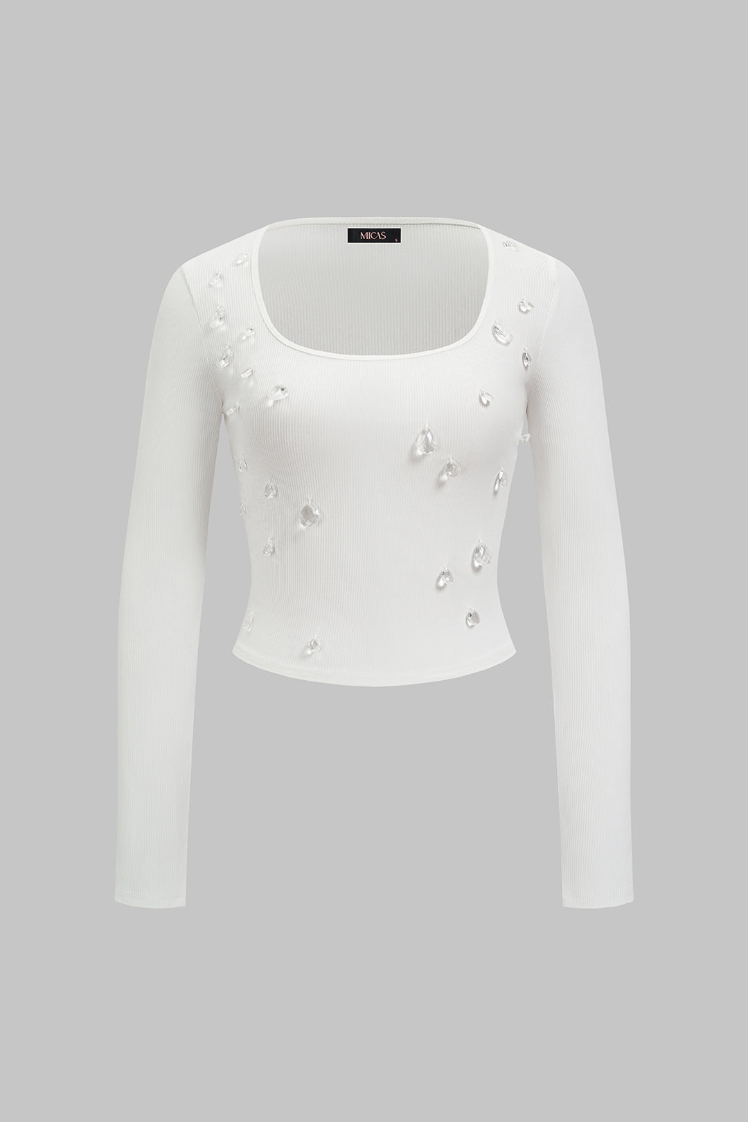 Square Neck Rhinestone Long Sleeve T-shirt