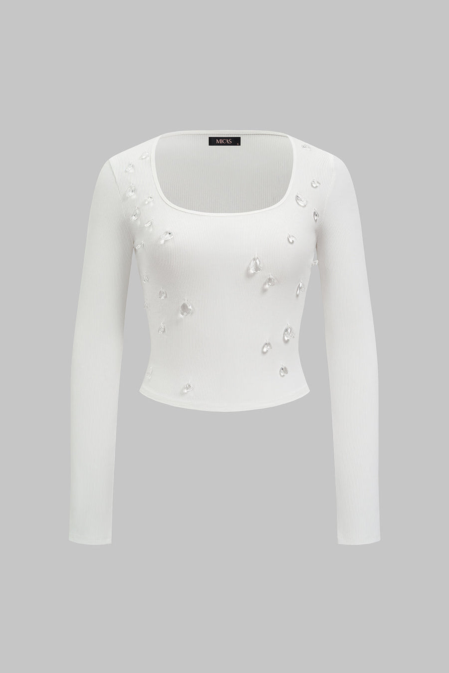 Square Neck Rhinestone Long Sleeve T-shirt