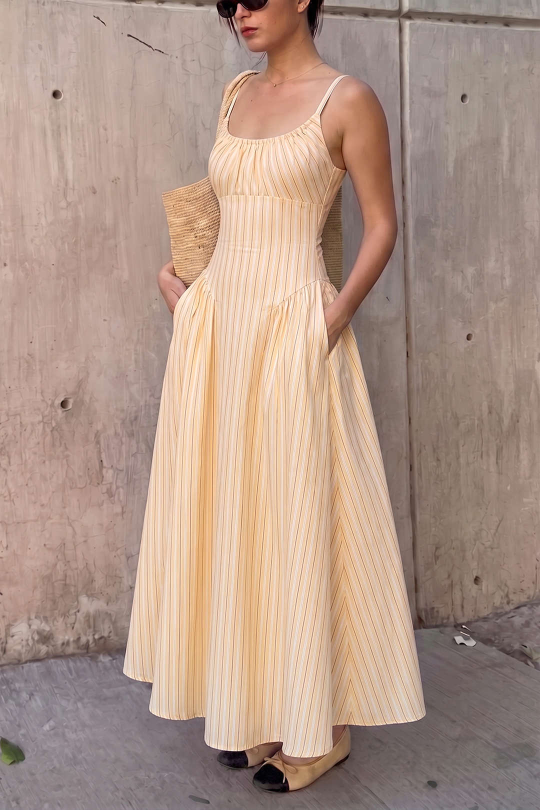 Stripes Print Round Neck Pocket Sleeveless Maxi Dress