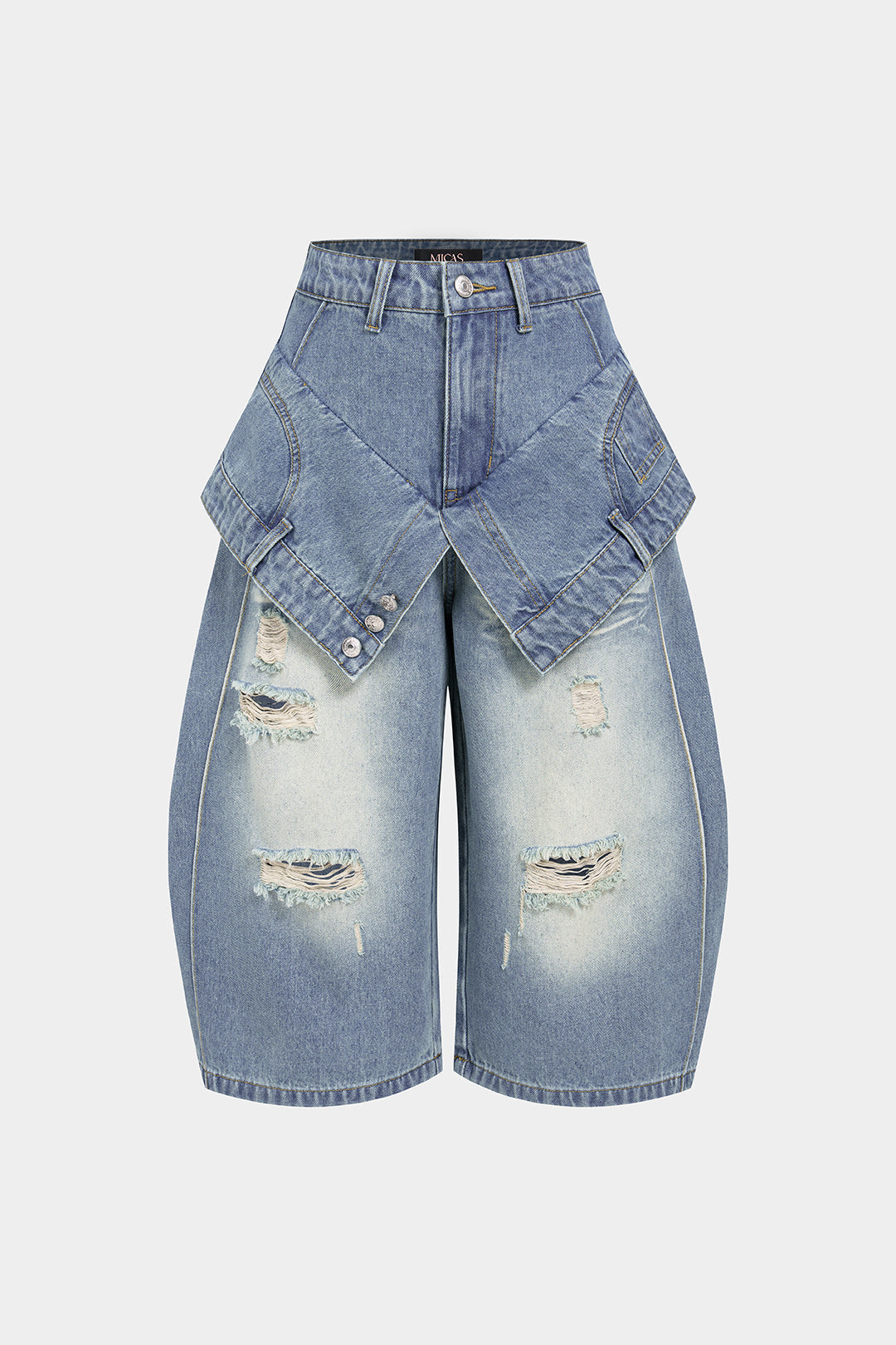 Denim-shortsit, joissa on kaksinkertainen vyötärönauha, korkea vyötärö ja repaleiset reunat