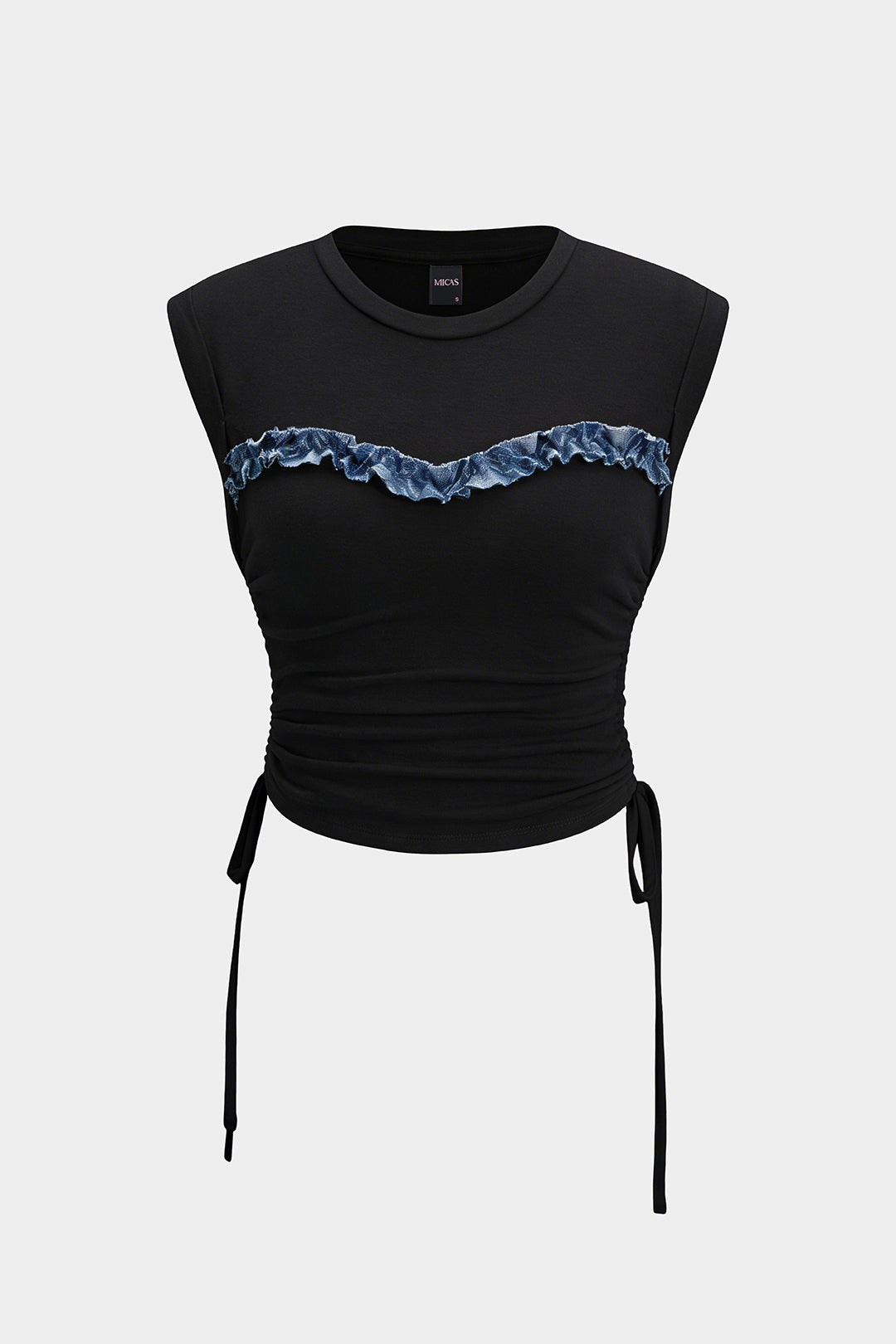 Patchwork Round Neck Tie-Up Short Sleeve T-Shirt