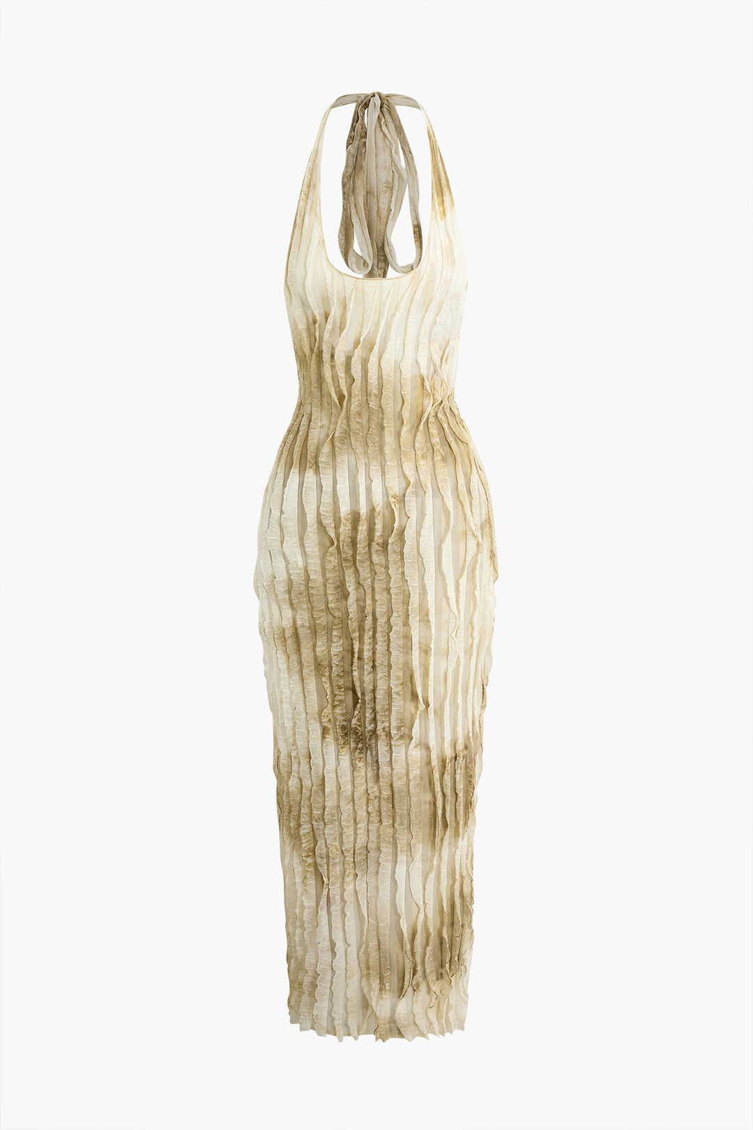 Sheer Mesh Ruffle Texture Halter Backless Maxi Dress