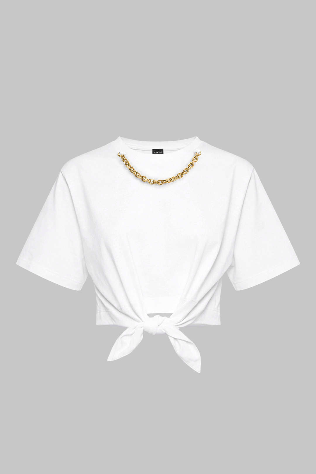 Metallic Chain Round Neck Tie-Up Short Sleeve T-Shirt