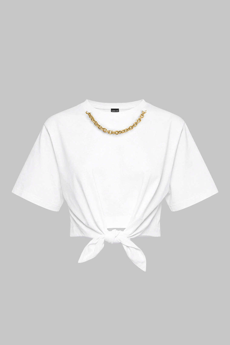 Metallic Chain Round Neck Tie-Up Short Sleeve T-Shirt