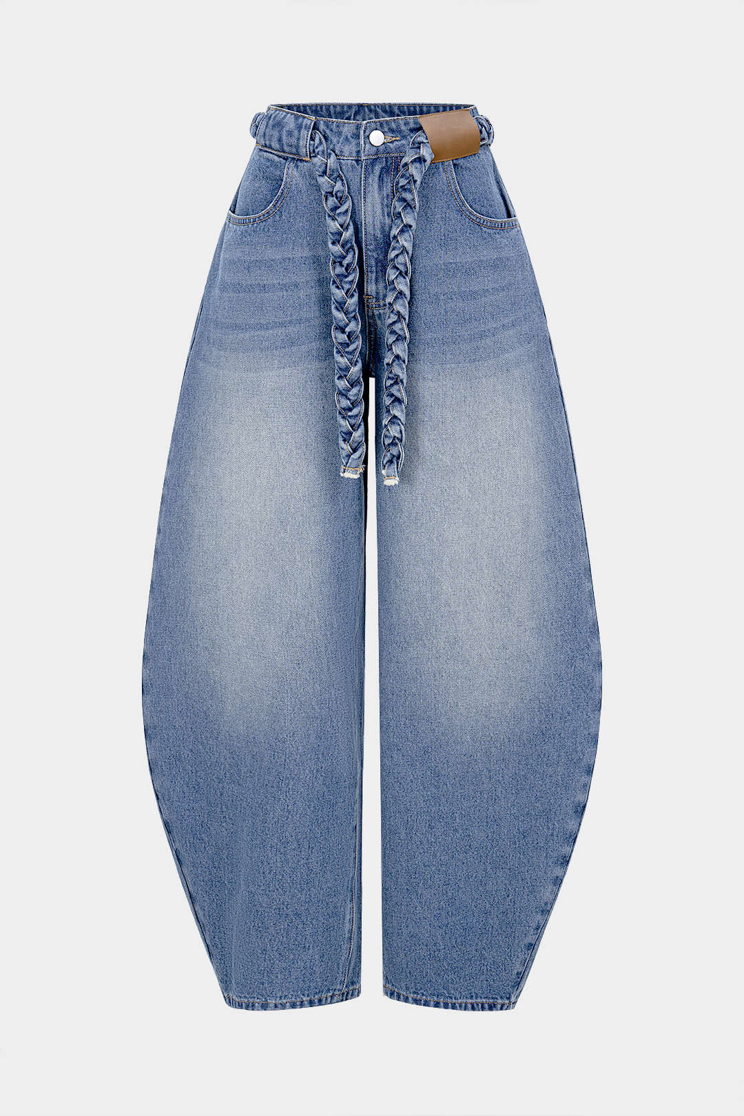 Denim-farkut, joissa on vyö ja taskut sekä leveät lahkeet