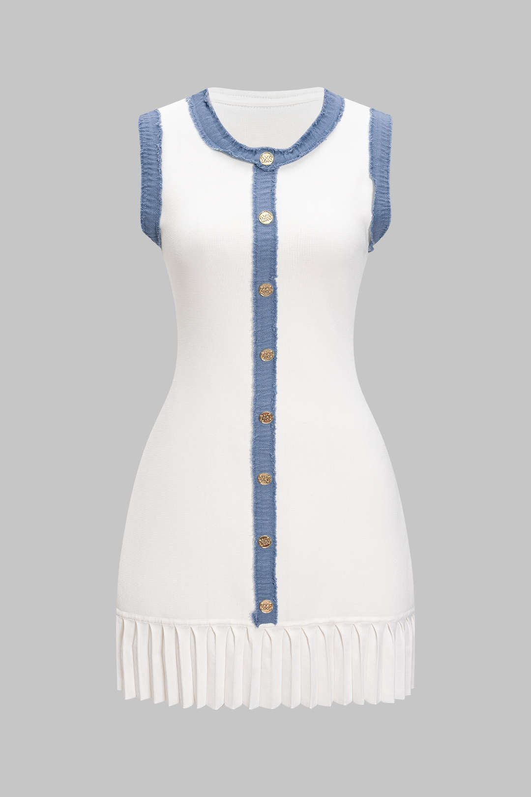 Knit Patchwork Denim Metallic Button Sleeveless Mini Dress