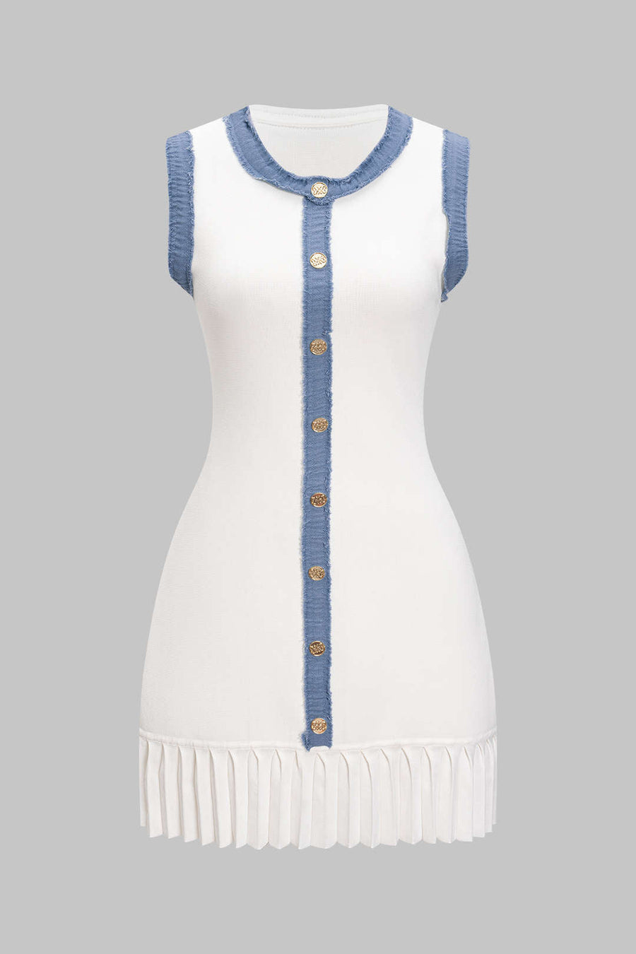 Knit Patchwork Denim Metallic Button Sleeveless Mini Dress