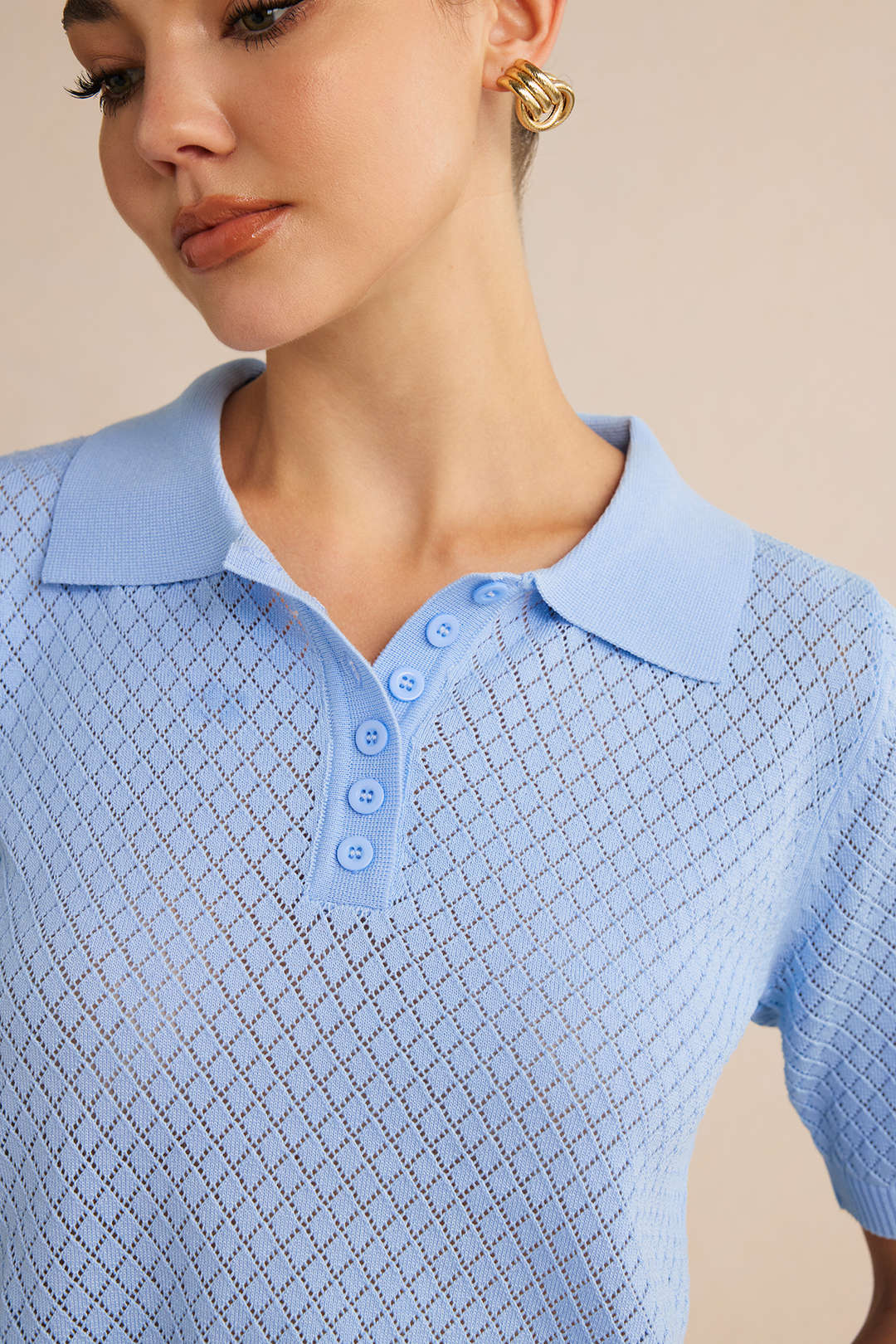 Solid Polo Callor Cut Out Short Sleeve Top