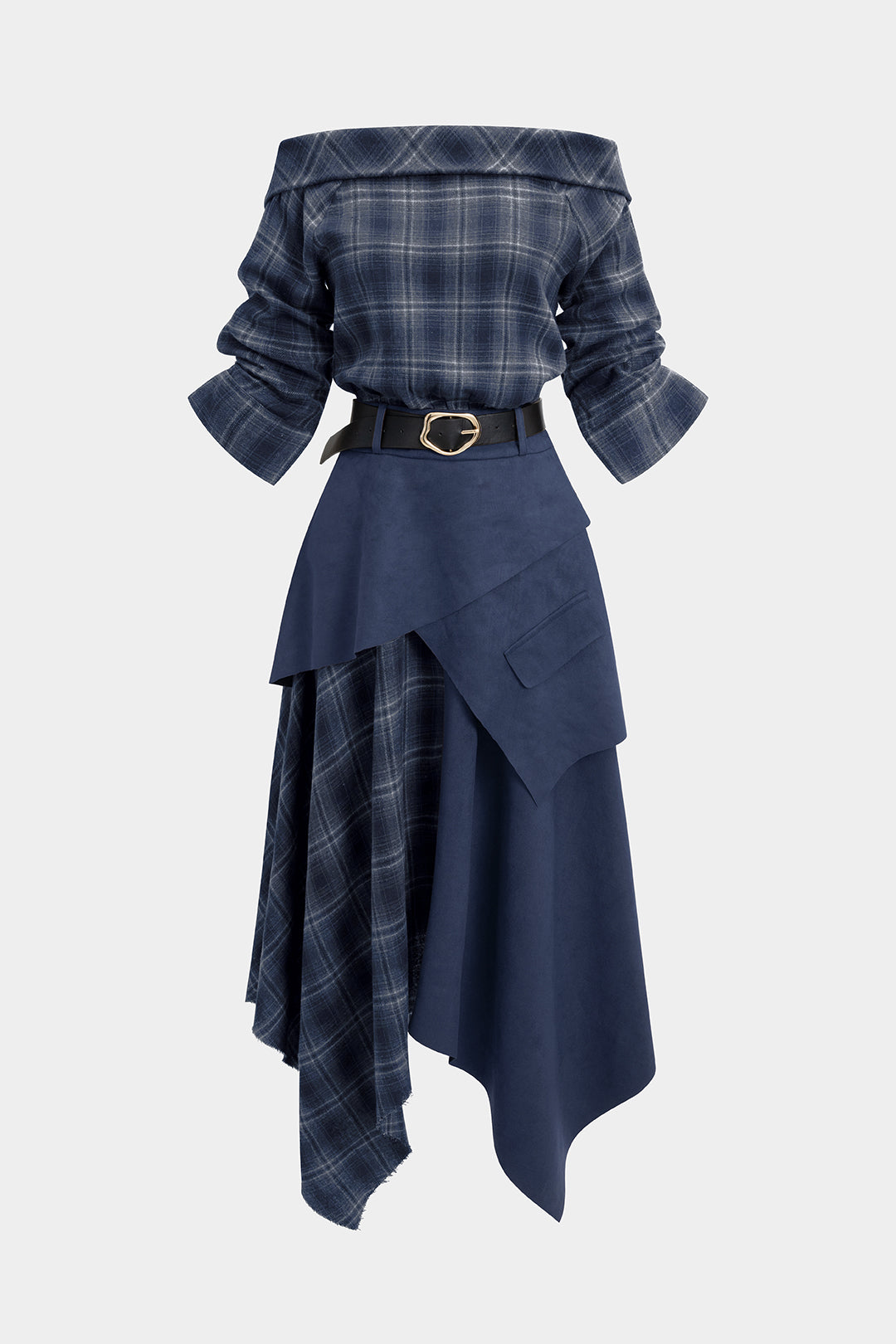 Plaid Print Suede Off Shoulder Zipper Belted Long Sleeve Midi Dress