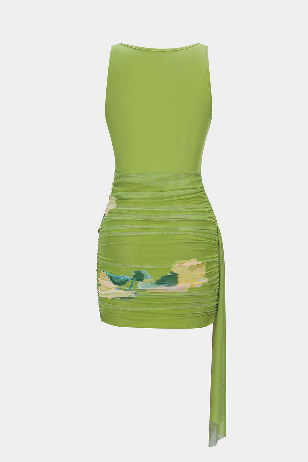 Floral Print Mesh Patchwork Round Neck Asymmetrical Ruched Sleeveless Mini Dress