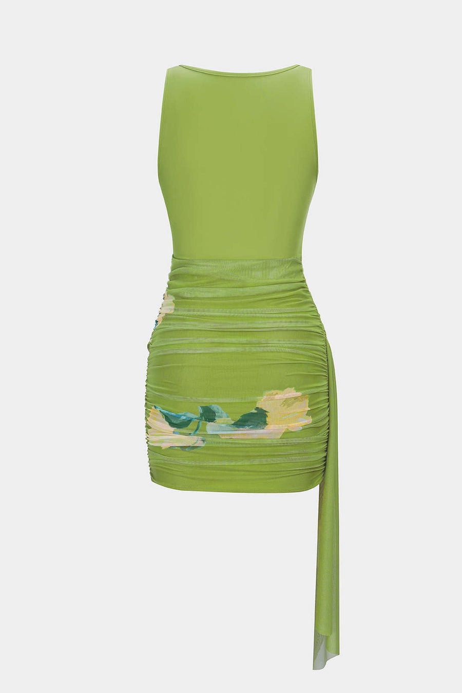 Floral Print Mesh Patchwork Round Neck Asymmetrical Ruched Sleeveless Mini Dress