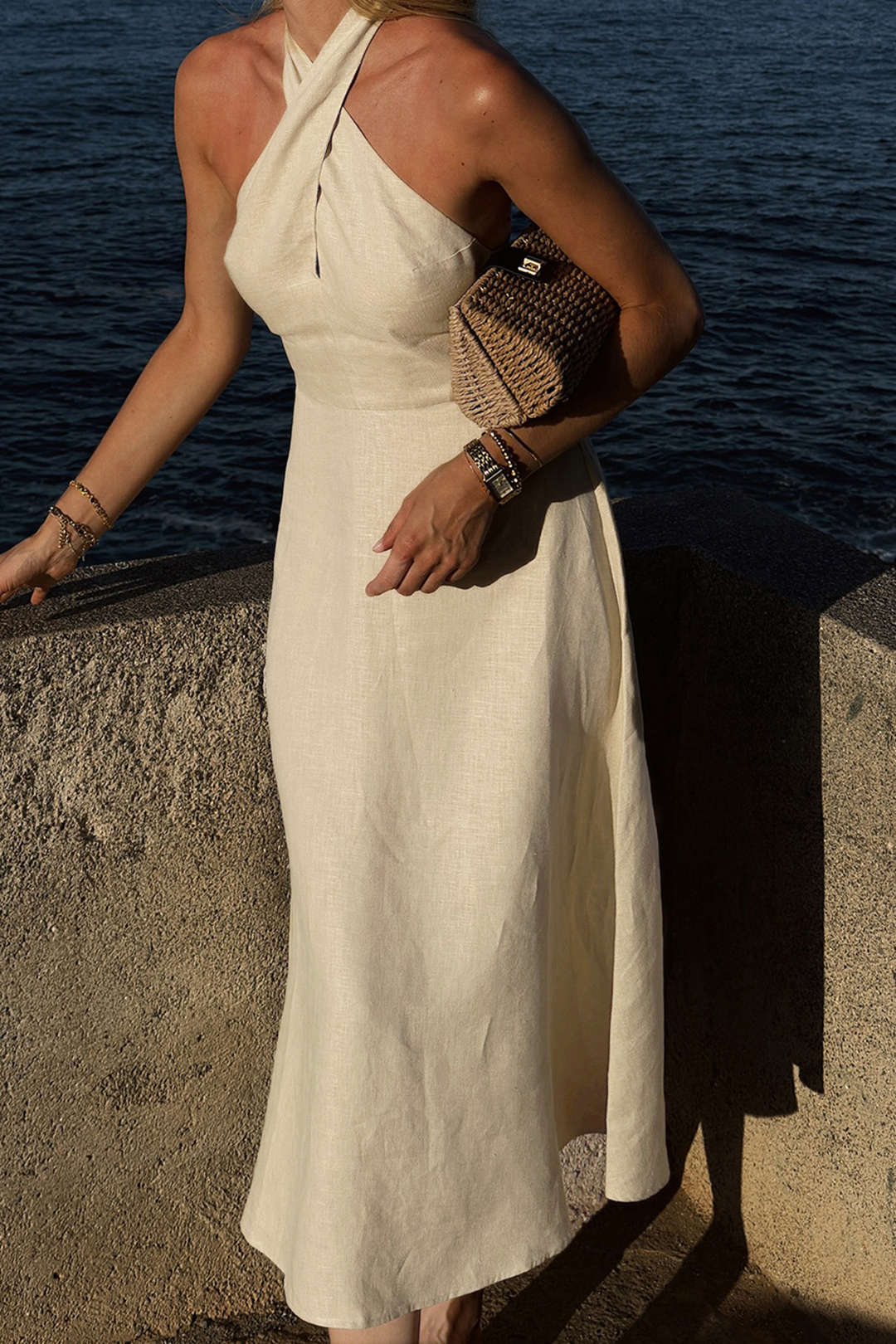 Linen Patchwork Crossed Halter Neck Ruched Sleeveless Midi Dress
