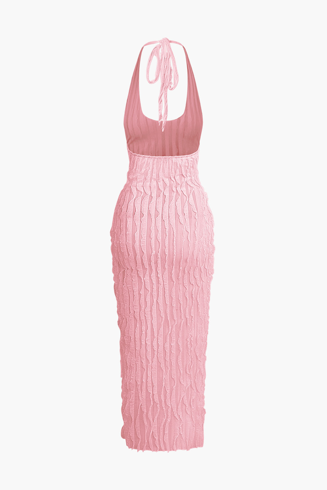 Sheer Mesh Ruffle Texture Halter Backless Maxi Dress