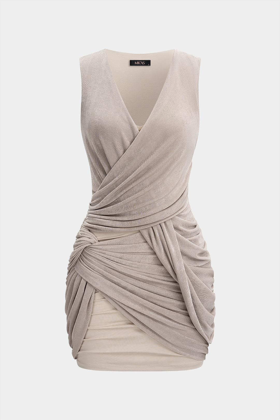 Patchwork Crossed V-Neck Twist Knot Ruched Mini Dress