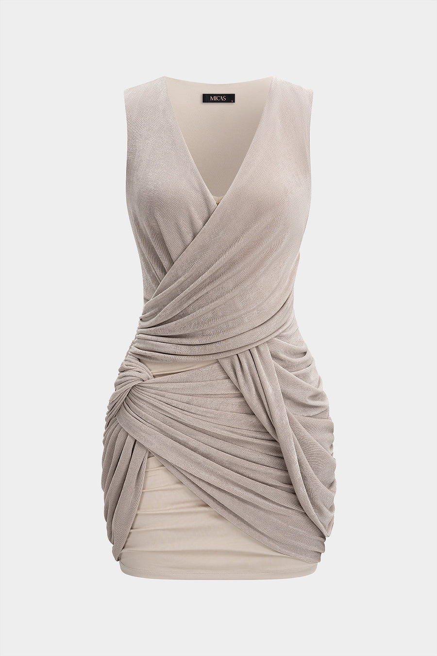 Patchwork Crossed V-Neck Twist Knot Ruched Mini Dress