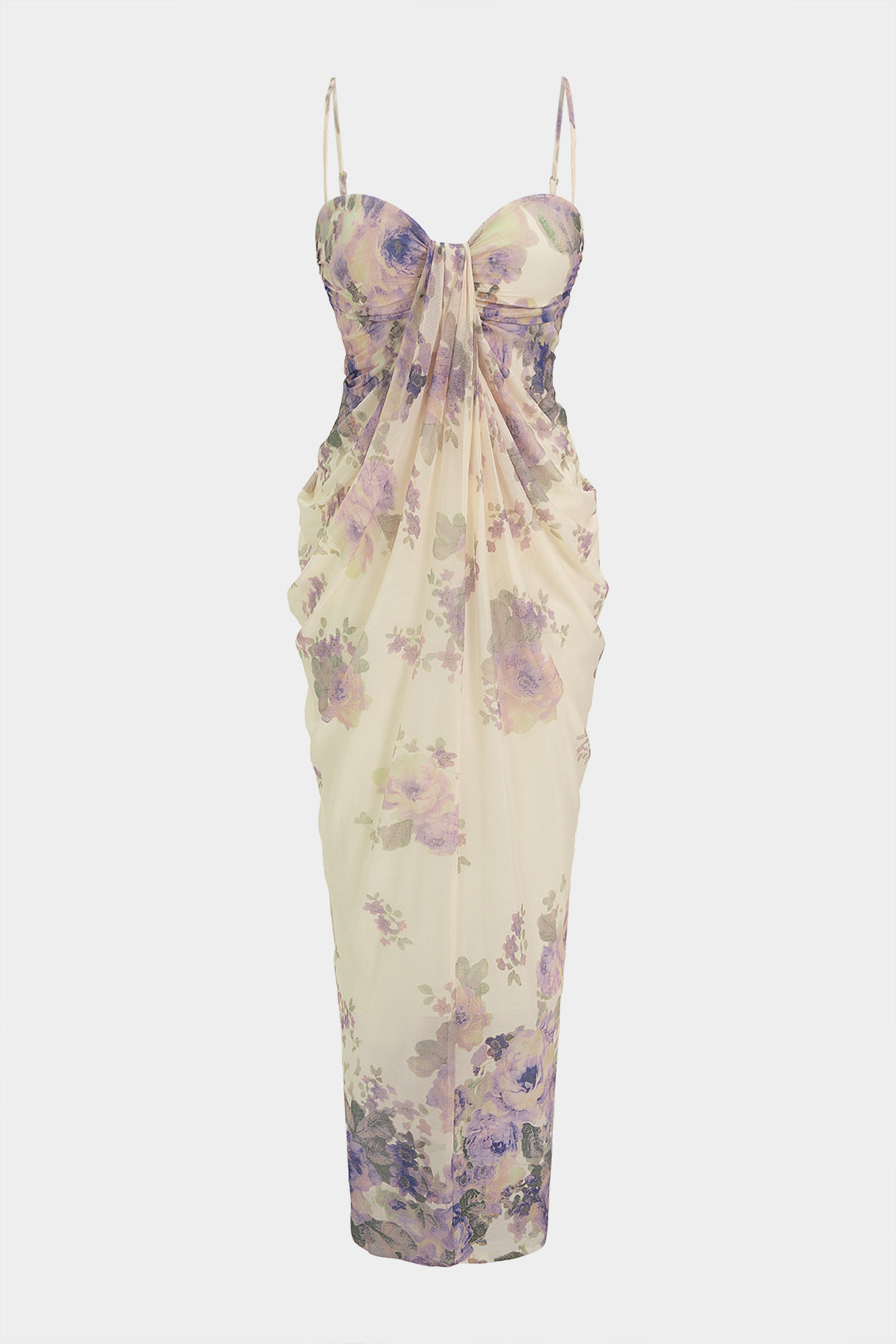 Floral Print Ruched Slip Sleeveless Maxi Dress