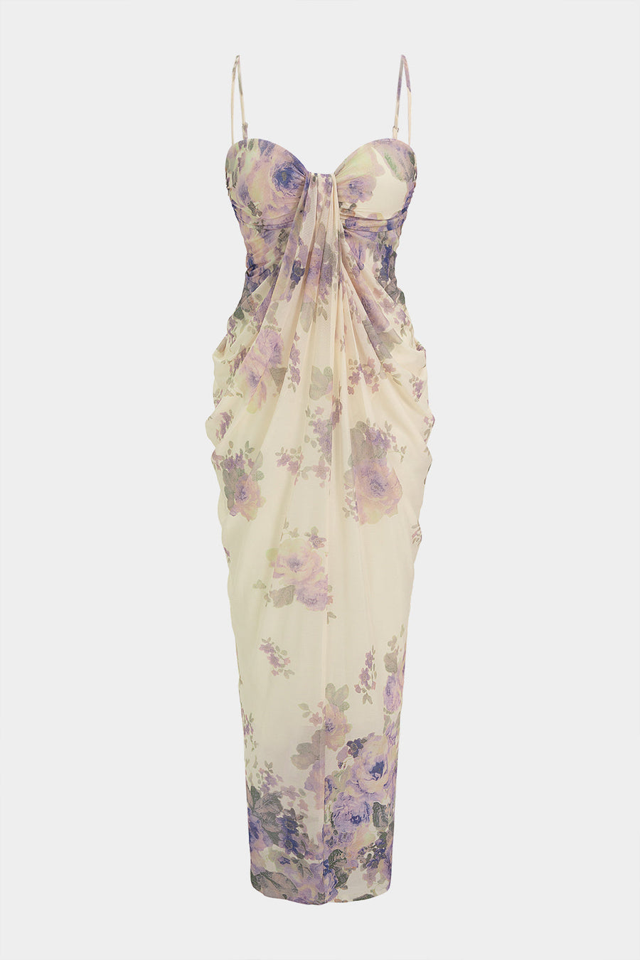 Floral Print Ruched Slip Sleeveless Maxi Dress