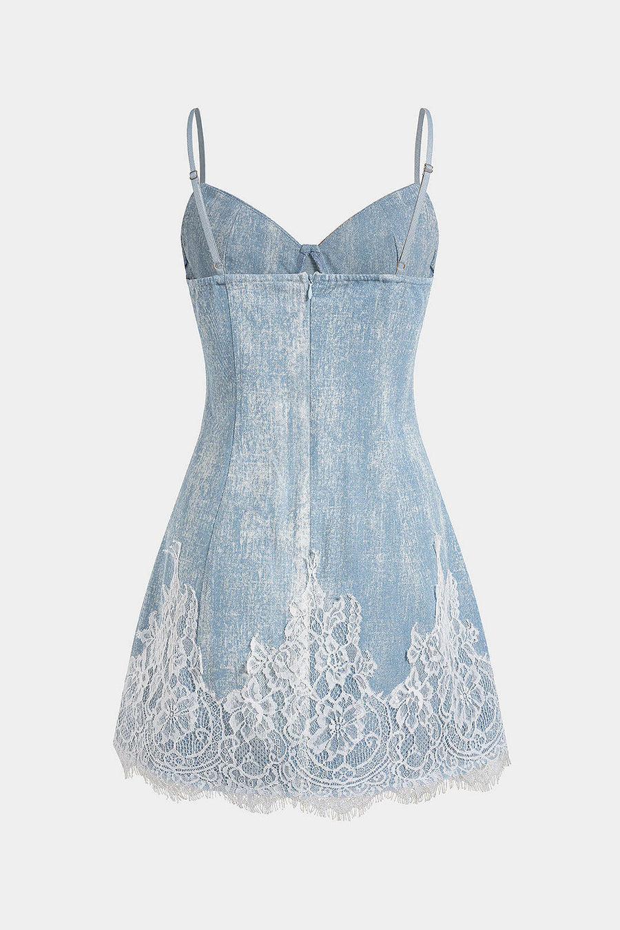 Denim-patchwork-mekko, jossa pitsireunus ja vetoketju, hihaton minipuku