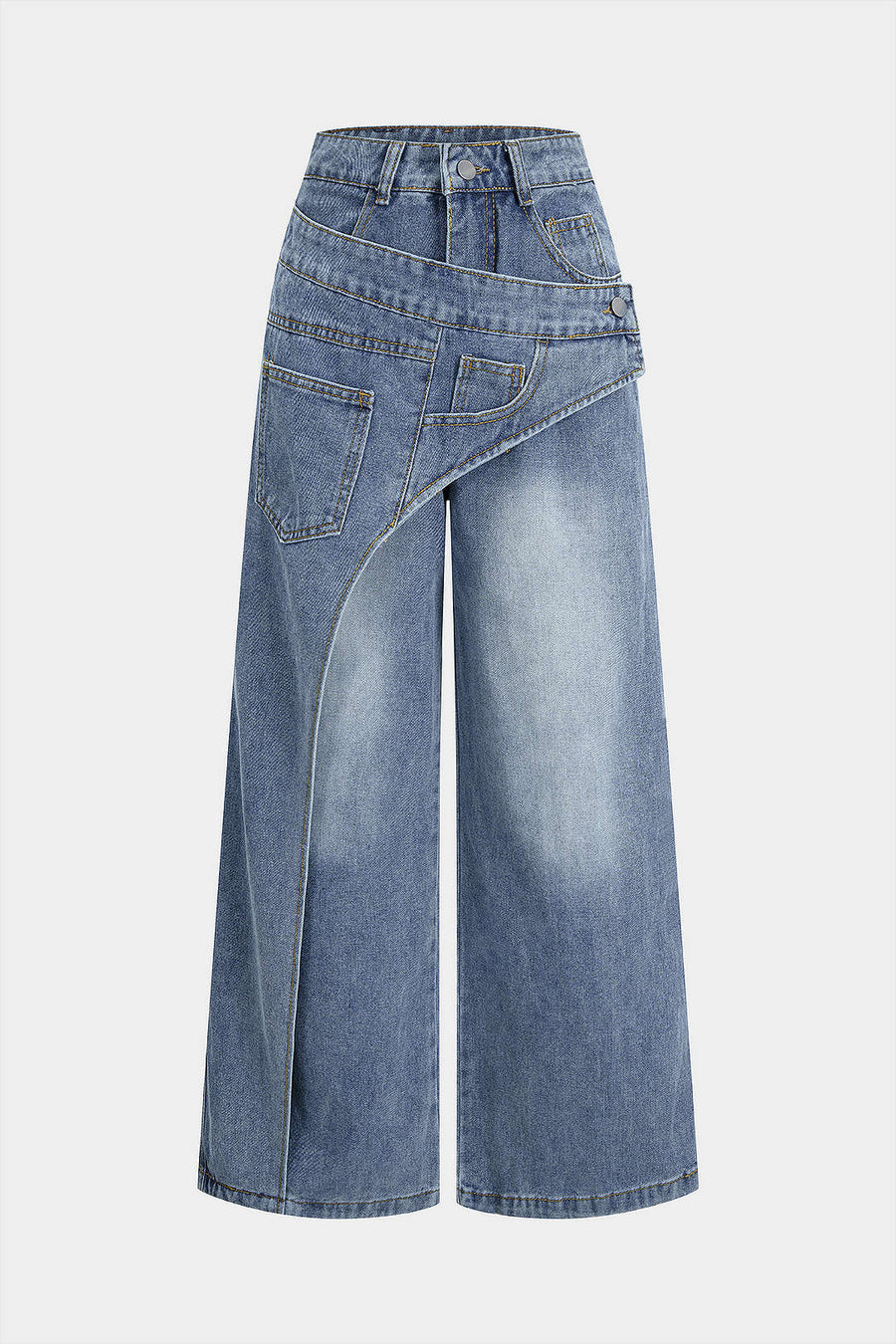 Denim-farkut, joissa on napit, vetoketju ja suorat lahkeet