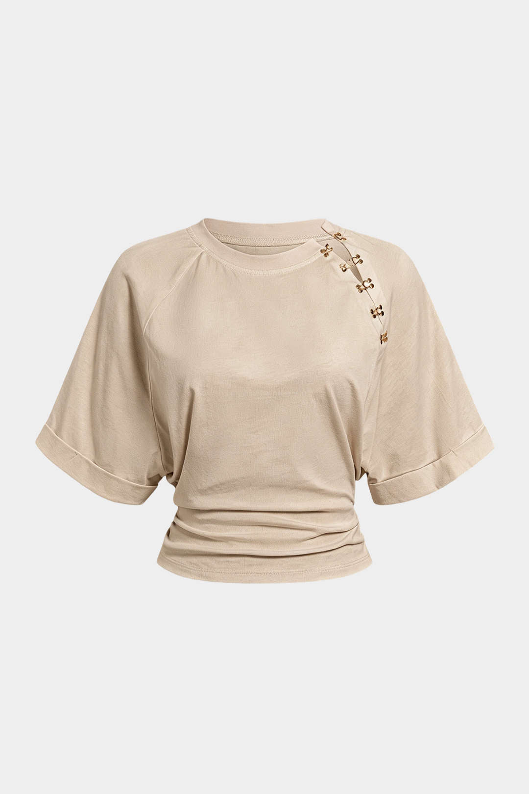 Metallic Buckle Round Neck Short Sleeve T-Shirt