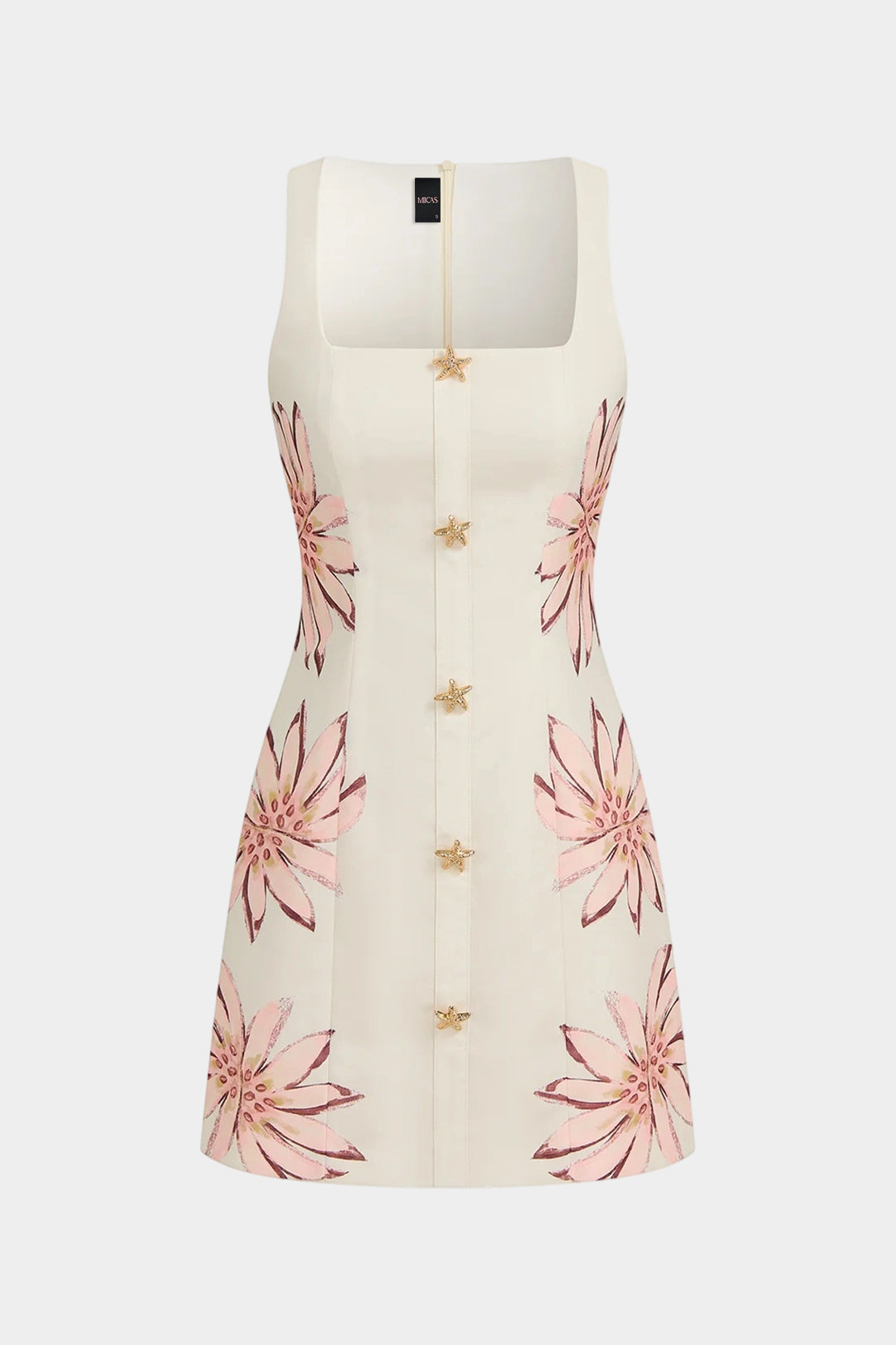 Floral Print Square Neck Metallic Button Sleeveless Mini Dress