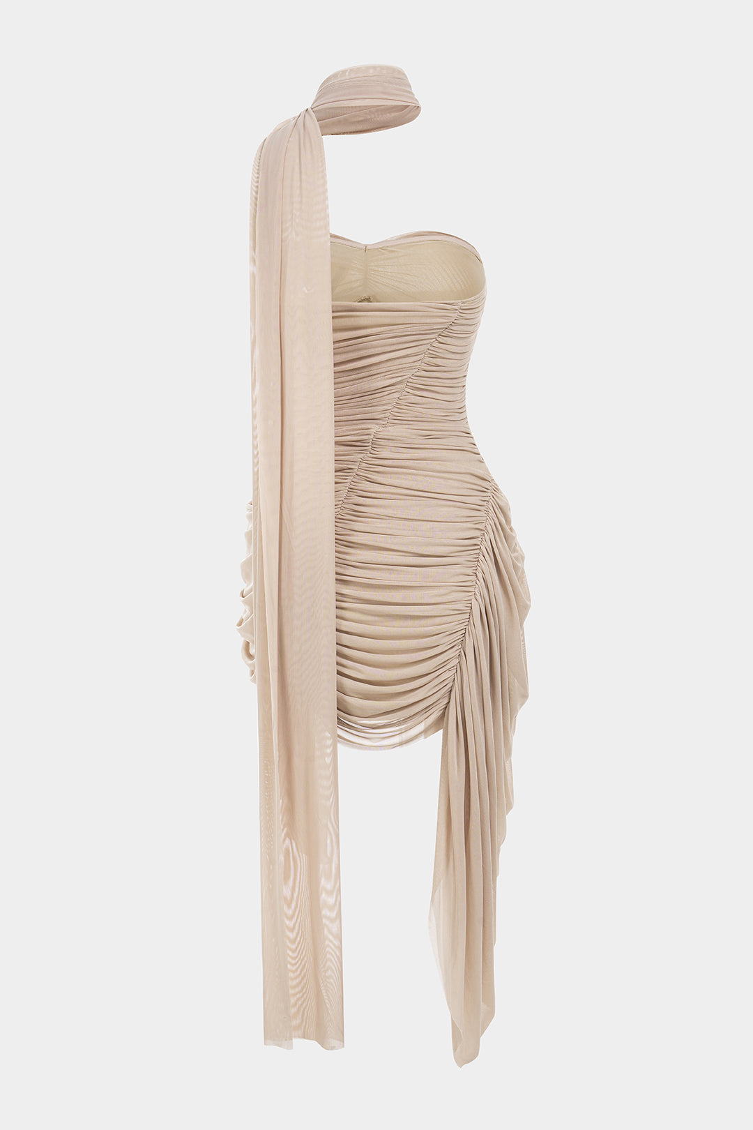 Mesh Patchwork Asymmetrical Ruched Backless Ruched Sleeveless Mini Dress With Scarf