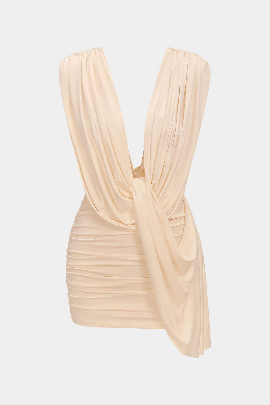 Ruched Draped Cowl Neck Asymmetrical Sleeveless Mini Dress