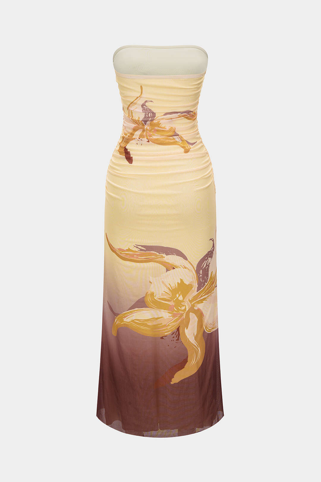 Floral Print Mesh Ruched Strapless Sleeveless Midi Dress