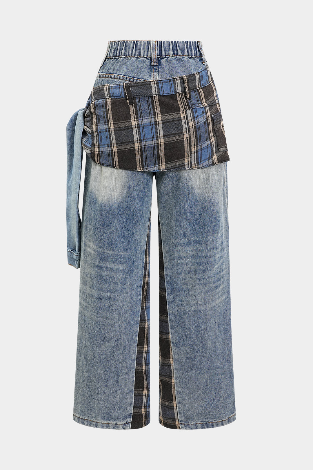 Denim Patchwork Plaid Print Washed Jeans