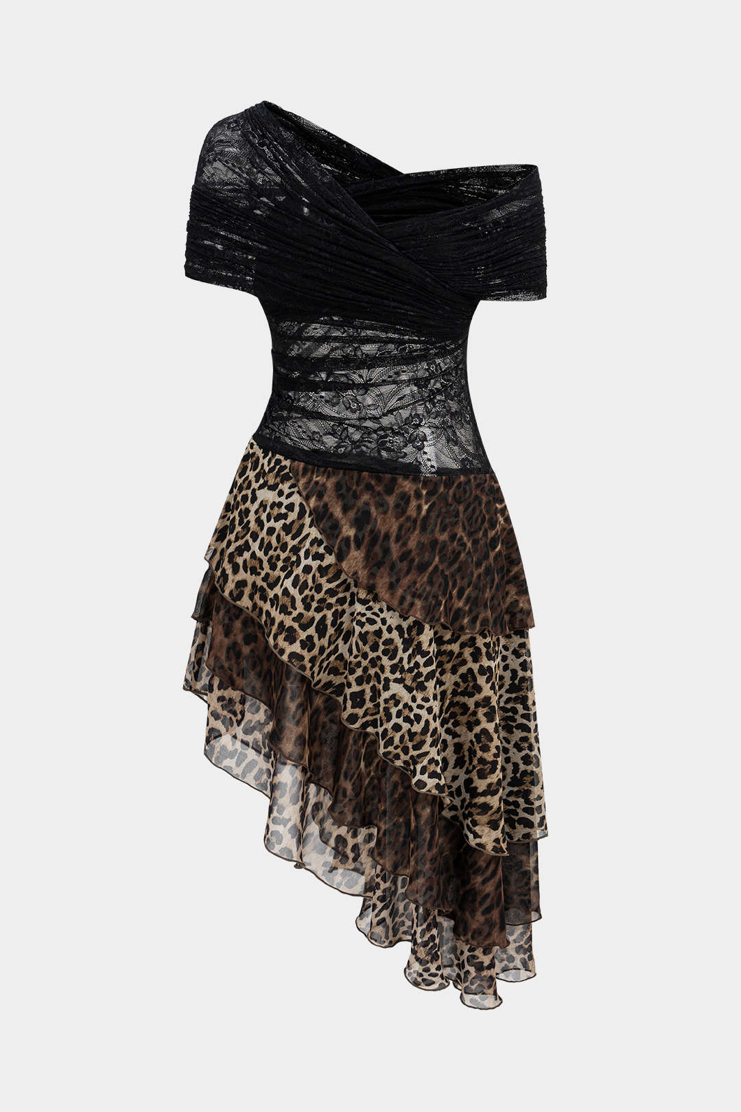 Leopard Print Lace Patchwork Asymmetrical Hem Sleeveless Mini Dress