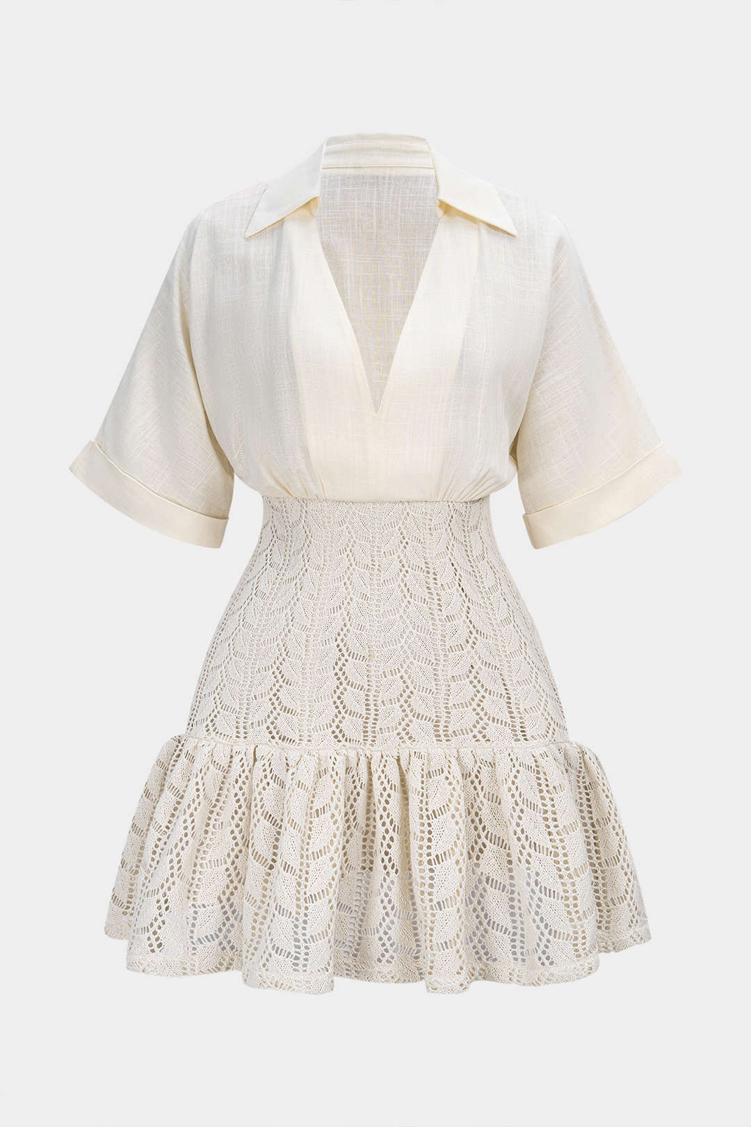 Jacquard Patchwork Linen Ruched V-Neck Short Sleeve Mini Dress