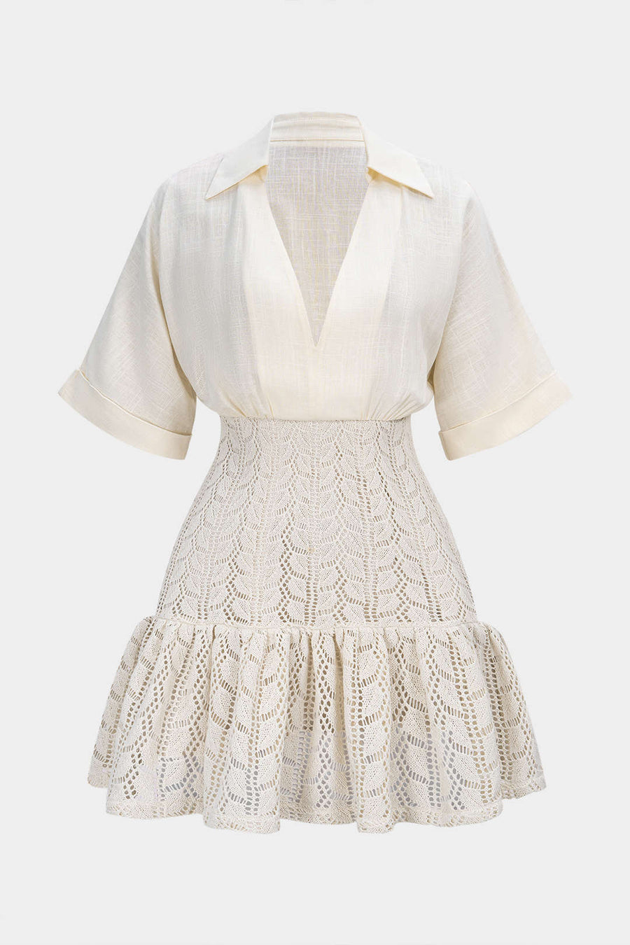 Jacquard Patchwork Linen Ruched V-Neck Short Sleeve Mini Dress
