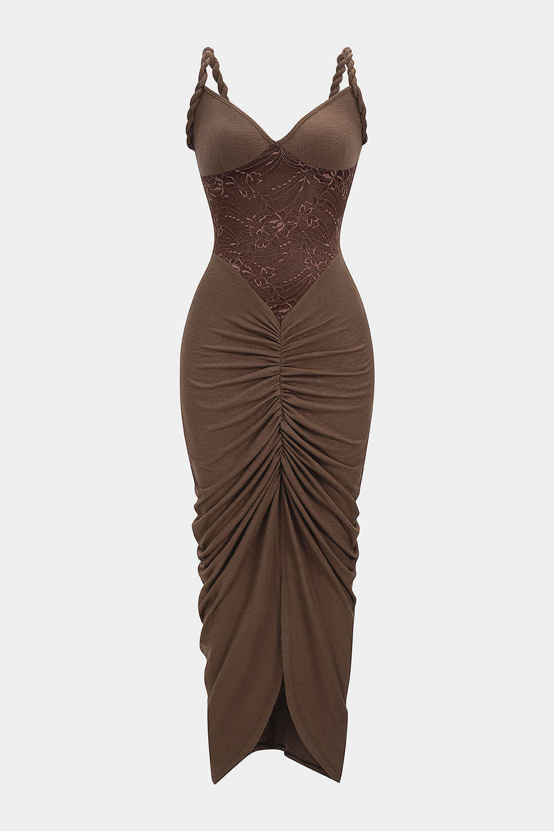 Lace Patchwork Ruched Twist Knot Slip Sleeveless Maxi Dress