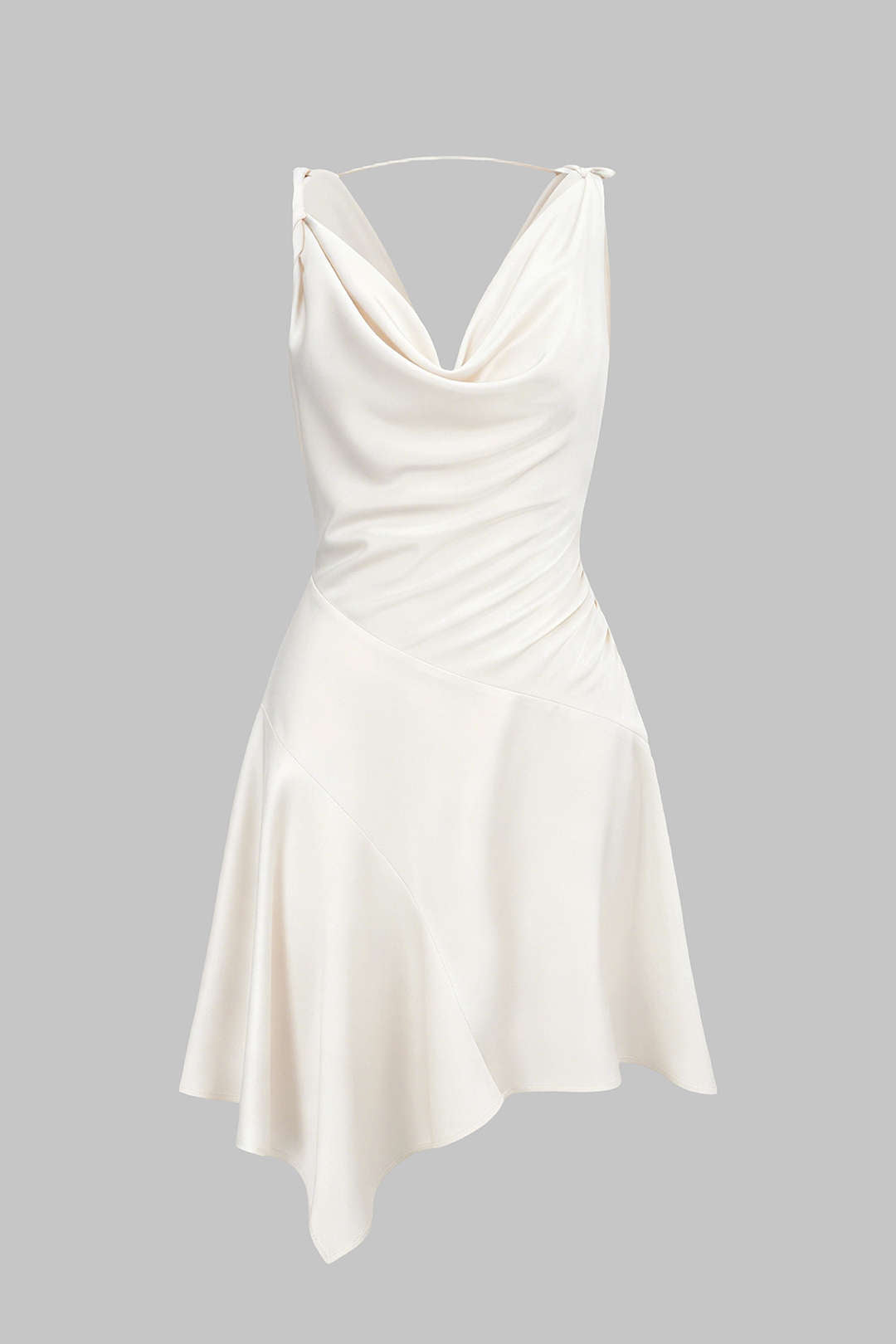 Satin Draped Cowl Neck Asymmetrical Ruched Sleeveless Mini Dress
