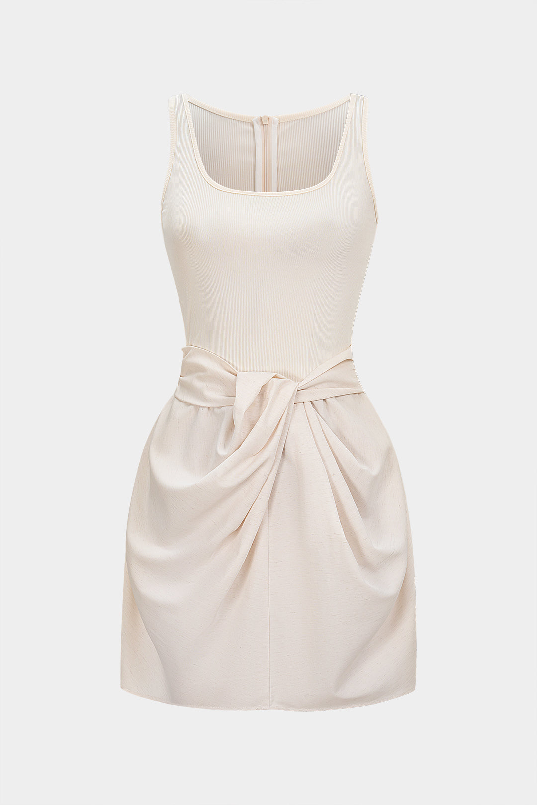 U-Neck Ruched Zipper Mini Dress